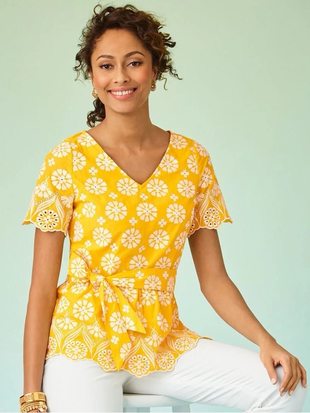 Talbots Yellow Peplum Top Floral Embroidered Embellished Border